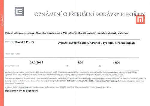 Přerušení dodávek elektřiny 27. 3. 2015