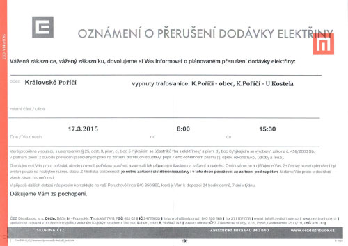 Přerušení dodávek elektřiny 17. 3. 2015
